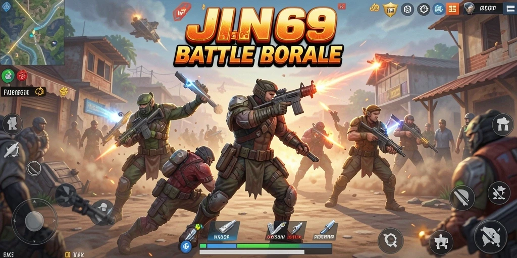 Screenshot utama JIN69 menampilkan aksi pertempuran epik dari perspektif permainan Battle Royale.
