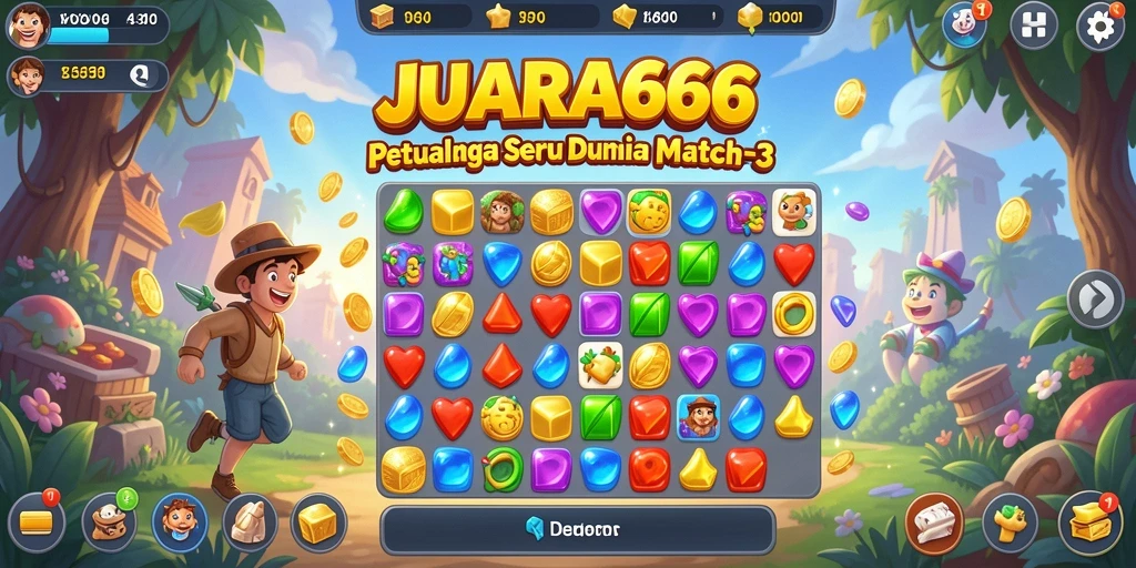 Screenshot utama JUARA666 dengan gameplay penuh warna Match-3.