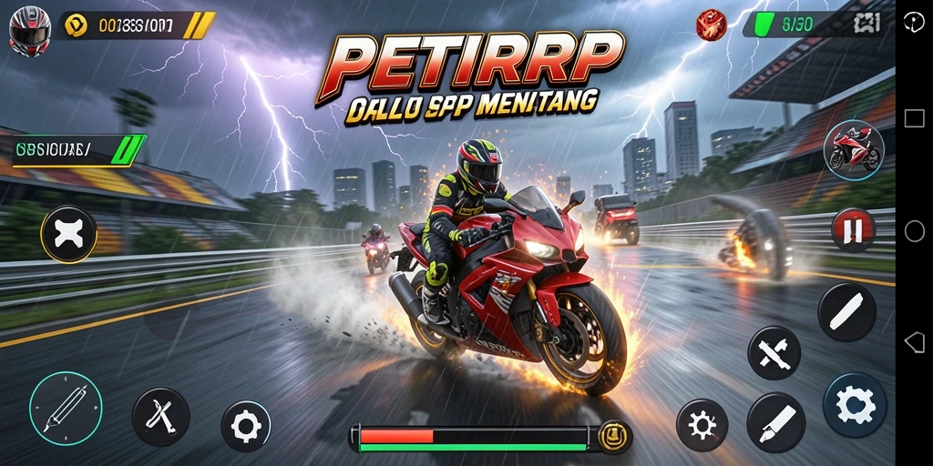 Screenshot gameplay PETIRRP menampilkan balapan motor yang seru dan intens.