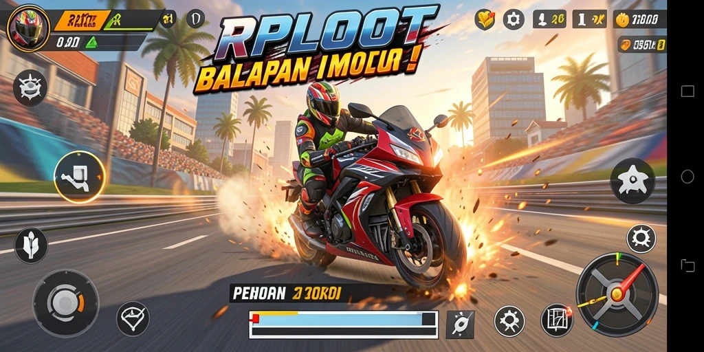 Screenshot gameplay RPLOOT dengan balapan motor yang seru.