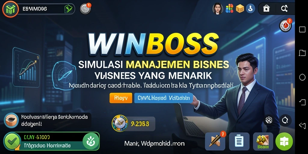 Tangkapan layar utama gameplay WINBOSS menampilkan aktivitas manajemen bisnis yang dinamis.